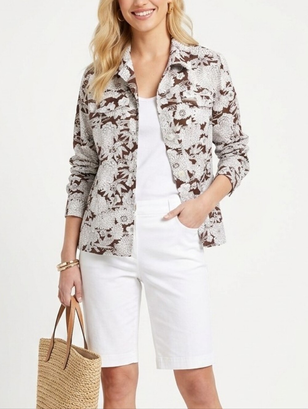 Chico's Brown White Floral Linen Blend Button Down Shirt Size 3 (L/XL)